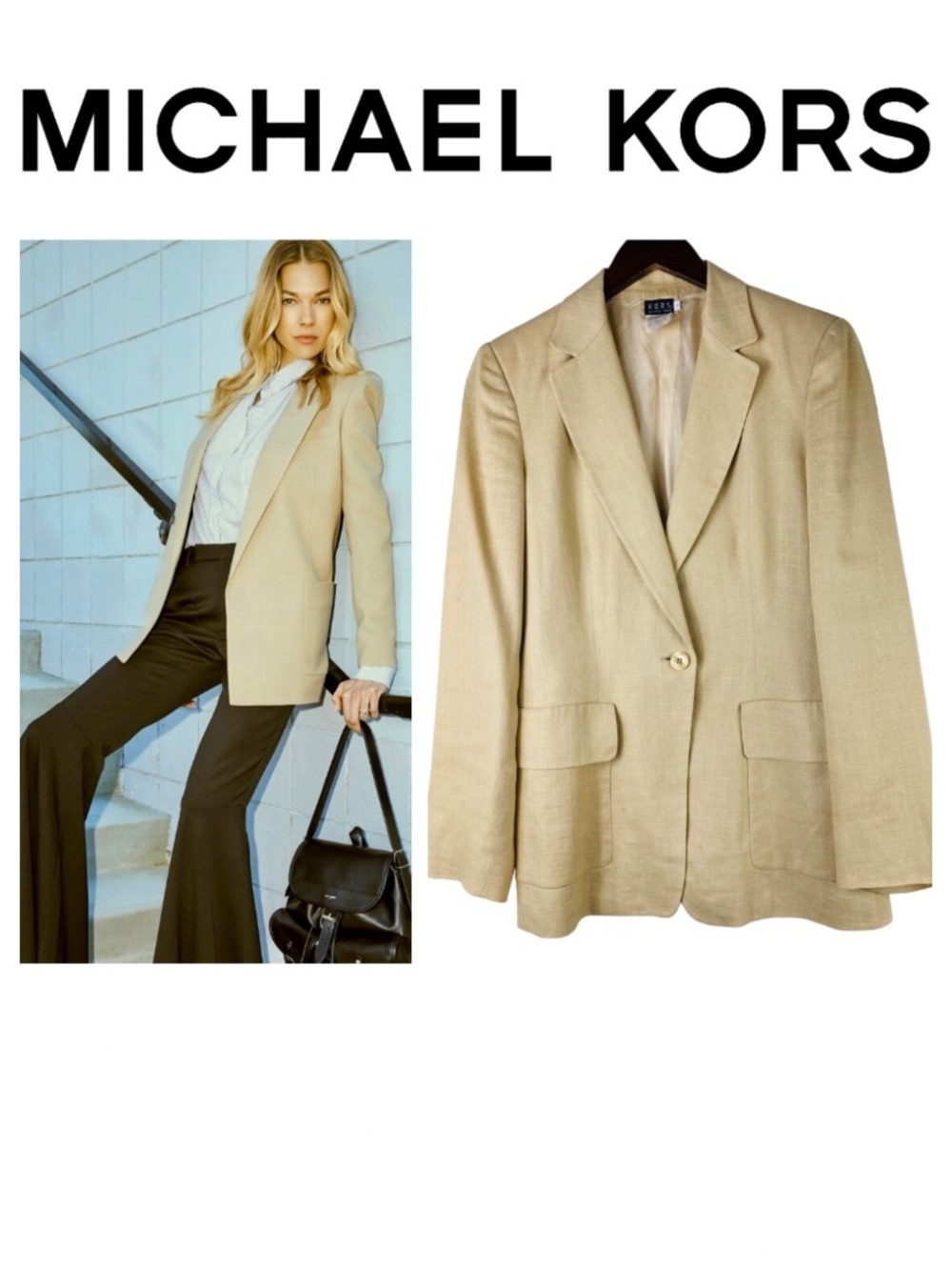 Michael Kors 4 Small Blazer Jacket Coat LINEN SILK Pale Yellow Tan One Button